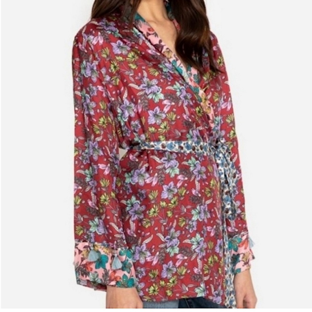 Johnny Was Jade Mixed Penny 100% Silk Floral Kimono Size M